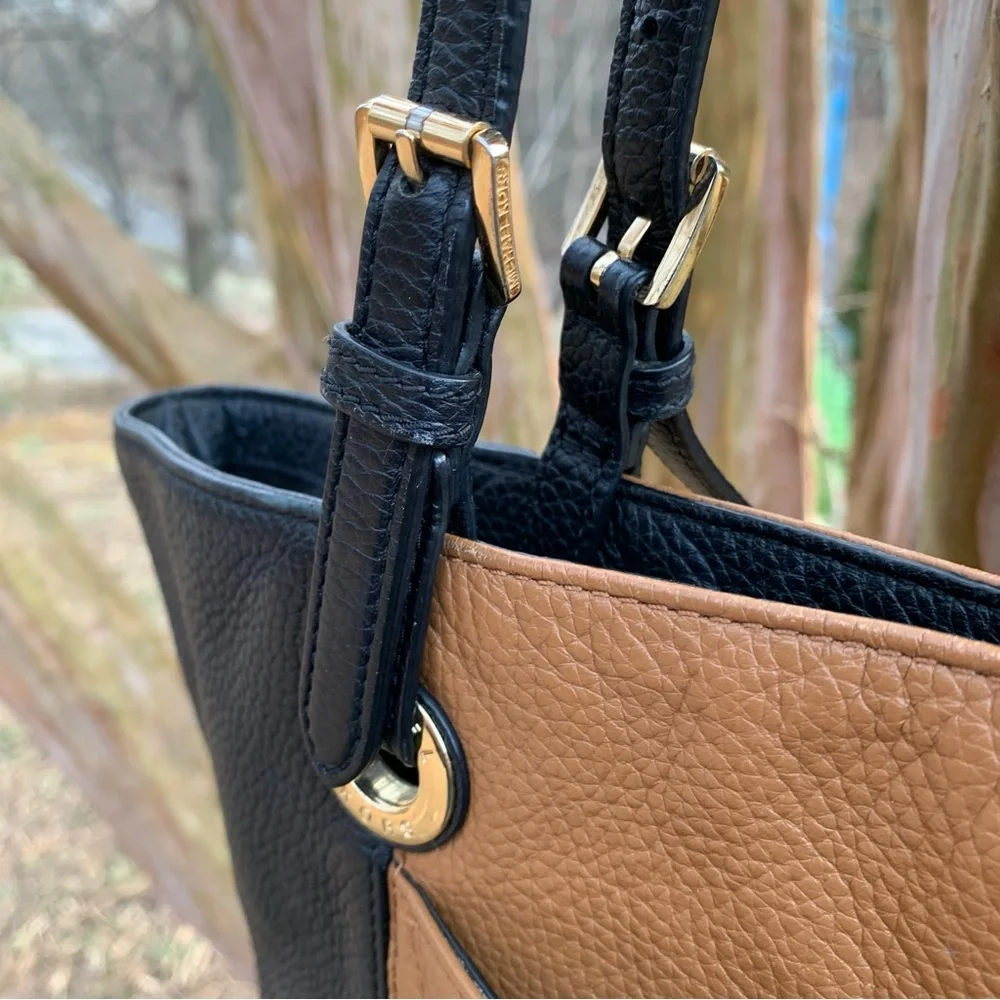 Michael Kors Large Pebble Leather Color Block Shoulder Bag in Black/Tan